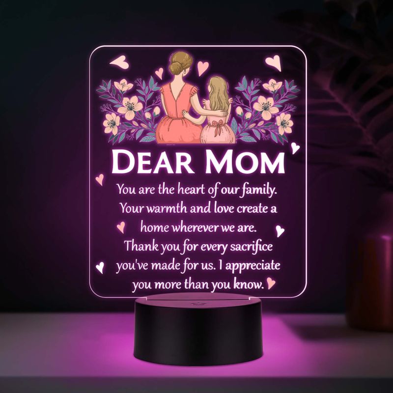 Dear Mom Acrylic LED Lamp with UV Print – Multicolor Night Light Mother’s Day & Birthday Gift